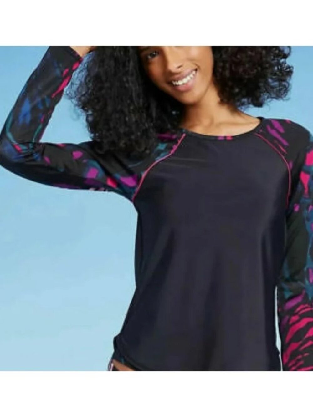 Women's Crewneck Long Sleeve Rash Guard - All in Motion Black Floral Small NW0T